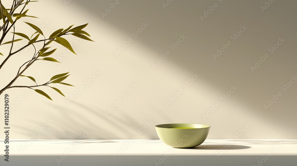 Minimalist Scene Featuring a Simple Green Bowl on a Clean Surface with a Branch and Subtle Light Shadow, Evoking Calmness and Modern Aesthetic Vibe Minimalist Scene Featuring a Simple Green Bowl on a Clean Surface with a Branch and Subtle Light Shadow, Evoking Calmness and Modern Aesthetic Vibe