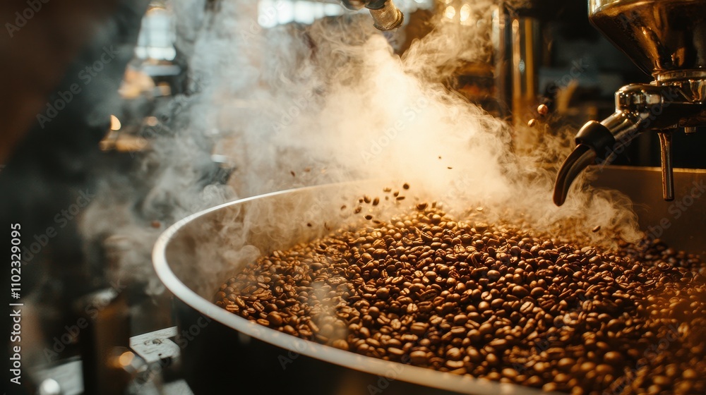 Close-Up of Roasting Coffee Beans in a Bistro Setting with Smoke and Aroma, Capturing the Rich Colors and Texture of Freshly Roasted Coffee Close-Up of Roasting Coffee Beans in a Bistro Setting with Smoke and Aroma, Capturing the Rich Colors and Texture of Freshly Roasted Coffee