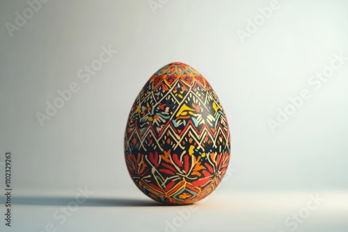 Intricate patterns and vibrant colors come together in a beautifully crafted decorative egg standing against a minimalist background photo