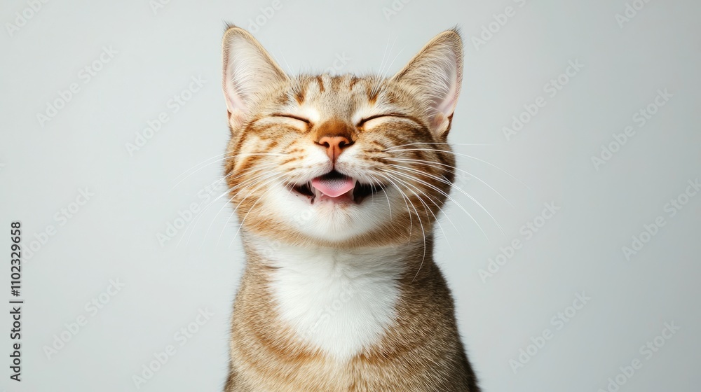 Adorable smiling cat with closed eyes and tongue out, displaying happiness and playfulness against a soft gray background, perfect for pet lovers and lifestyle themes. Adorable smiling cat with closed eyes and tongue out, displaying happiness and playfulness against a soft gray background, perfect for pet lovers and lifestyle themes.