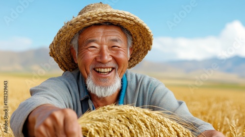 Smiling man wearing a straw hat is holding a bunch of wheat. The man is happy and enjoying the moment photo