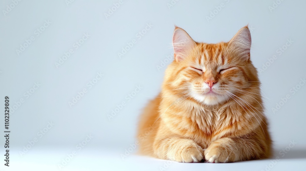 Adorable ginger cat with closed eyes resting peacefully on a clean white surface, showcasing its beautiful fluffy fur and serene expression in soft natural light Adorable ginger cat with closed eyes resting peacefully on a clean white surface, showcasing its beautiful fluffy fur and serene expression in soft natural light