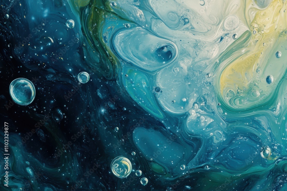 Macro close-up of oil bubbles on a liquid surface, vivid reflections, soft highlights, orange and yellow swirls, high detail Macro close-up of oil bubbles on a liquid surface, vivid reflections, soft highlights, orange and yellow swirls, high detail