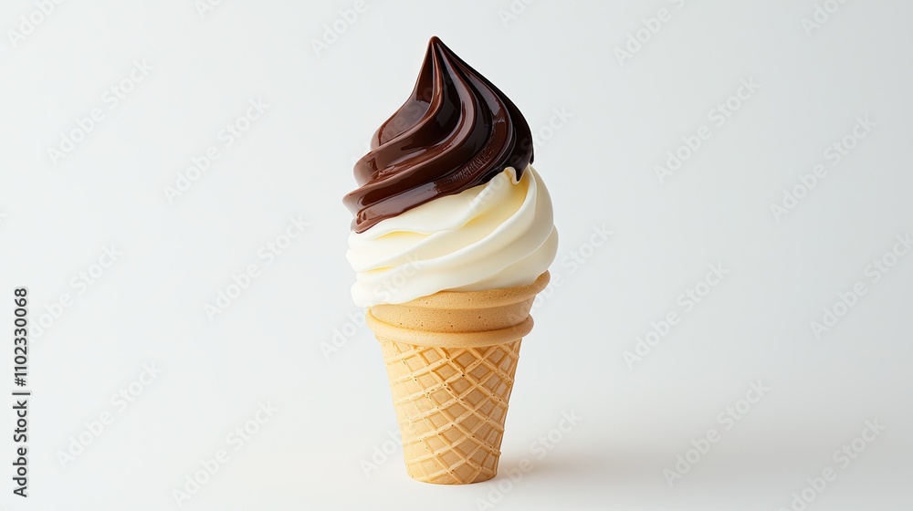 Delicious Swirl Ice Cream Cone with Chocolate and Vanilla Toppings on a Crisp Waffle Cone, Perfect for Summer Treats and Dessert Lovers