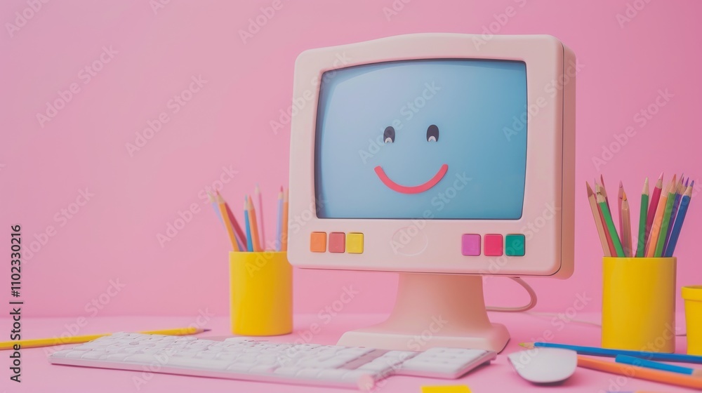 A pastel-colored computer with a cheerful face displayed on the screen, surrounded by stationery like pencils and a keyboard, evoking playful creativity. AI generated. A pastel-colored computer with a cheerful face displayed on the screen, surrounded by stationery like pencils and a keyboard, evoking playful creativity. AI generated.