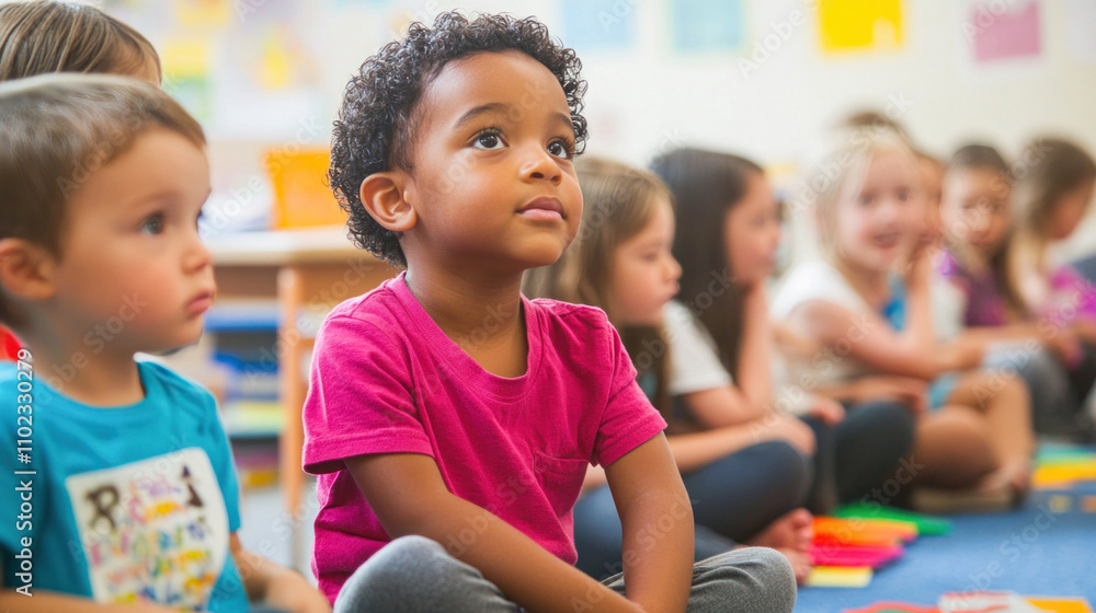 Fototapeta premium Curious children listening attentively in preschool classroom