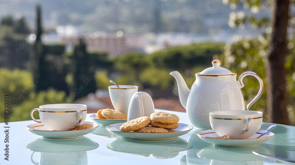 Work-life balance hobbies concept. A serene tea setup with cups, a teapot, and cookies, set against a beautiful outdoor backdrop, inviting relaxation and enjoyment. Work-life balance hobbies concept. A serene tea setup with cups, a teapot, and cookies, set against a beautiful outdoor backdrop, inviting relaxation and enjoyment.