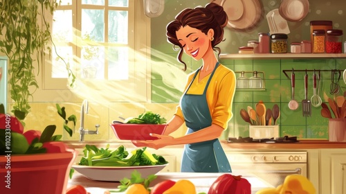 Woman Cooking Healthy Meal in a Sunny Kitchen