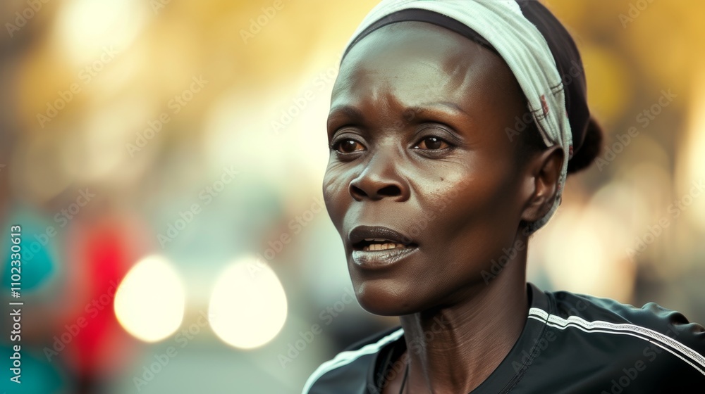 Close-up portrait of a determined female runner outdoors, wearing a headband and sports gear, showing concentration and effort. AI generated. Close-up portrait of a determined female runner outdoors, wearing a headband and sports gear, showing concentration and effort. AI generated.
