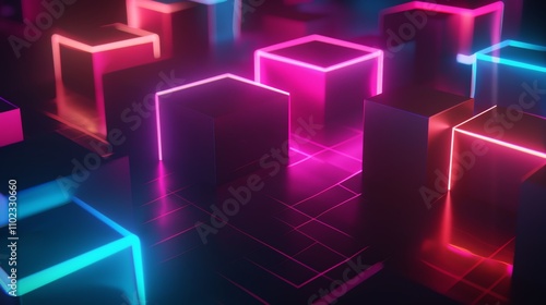 A 3D rendered abstract background with glowing neon lights forming cubes and geometric shapes.