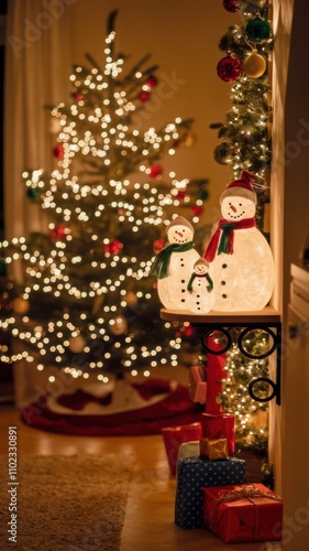 Cozy indoor holiday decoration featuring snowmen and a beautifully lit Christmas tree