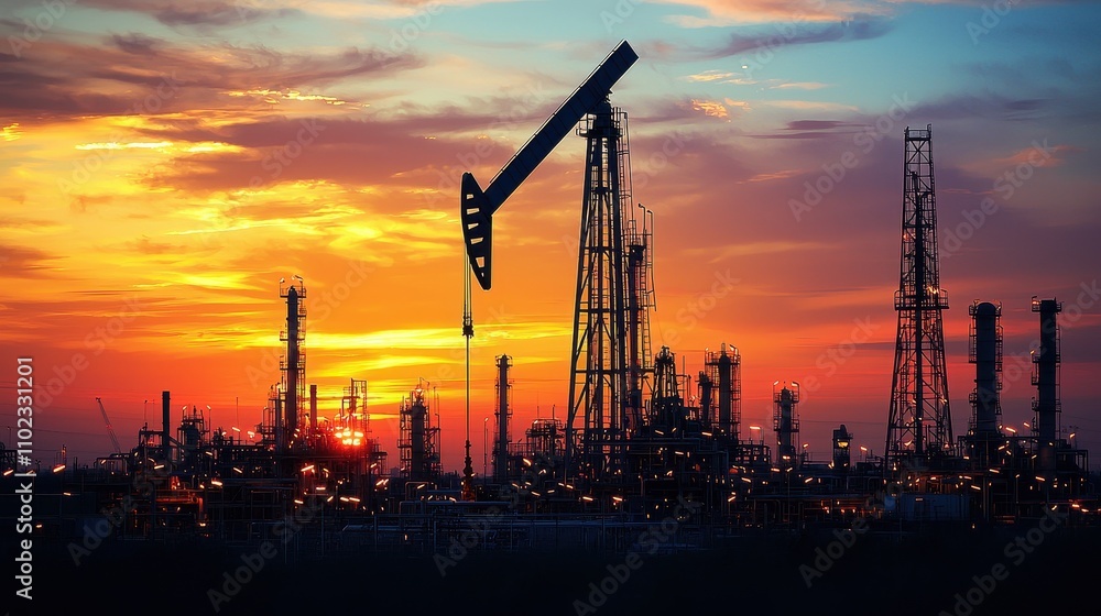 Analyzing the Impact of Economic Risk on Various Industries at Dusk with Oil Rigs and Refineries Silhouetted Against a Dramatic Sunset Analyzing the Impact of Economic Risk on Various Industries at Dusk with Oil Rigs and Refineries Silhouetted Against a Dramatic Sunset