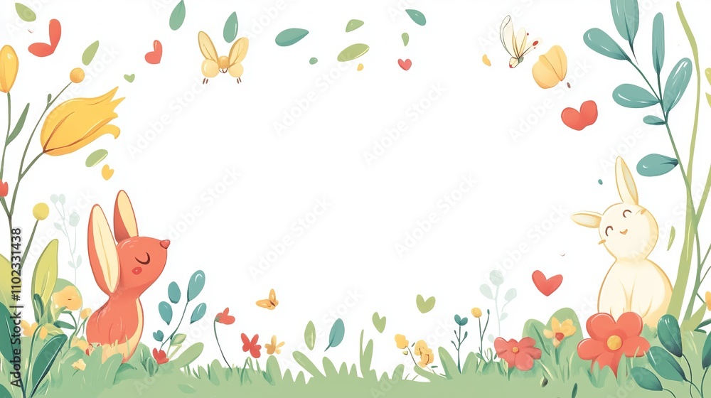 Charming Springtime Rabbits in a Floral Garden. A Whimsical Illustration of Adorable Rabbits Amidst a Colorful Spring Garden with Butterflies and Flowers. Charming Springtime Rabbits in a Floral Garden. A Whimsical Illustration of Adorable Rabbits Amidst a Colorful Spring Garden with Butterflies and Flowers.