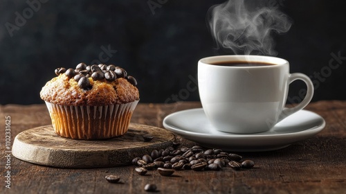 Steaming Cup of Freshly Brewed Coffee Beside a Delicious Muffin with Coffee Beans on a Rustic Wooden Table Setting