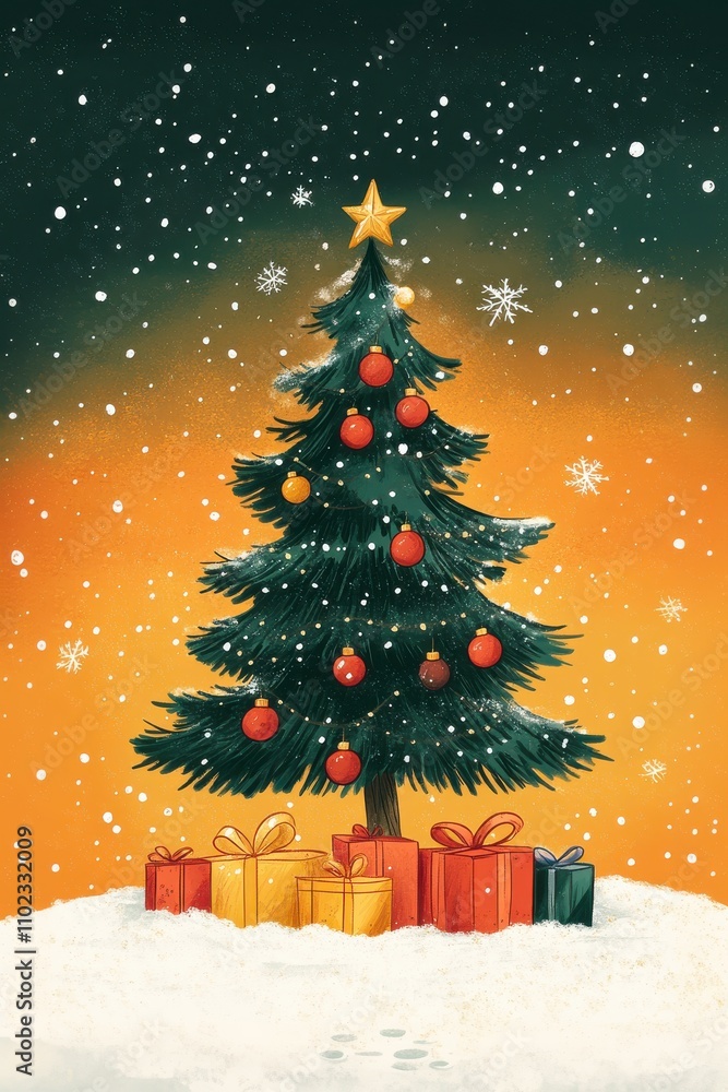 Obraz premium Beautiful Christmas tree decorated with golden star, ornaments, and surrounded by colorful gift boxes in snowy winter setting, festive holiday illustration, Ai Generation