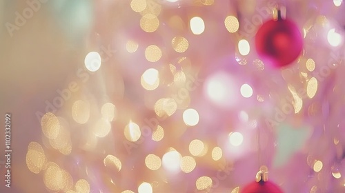 Wallpaper Mural Blurred Christmas tree with pink and gold bokeh lights and red ornaments. Torontodigital.ca