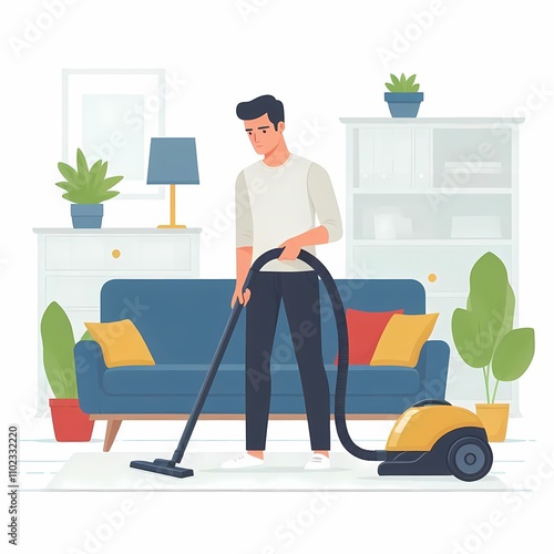 Wallpaper Mural Flat Style Illustration of a Man Vacuuming the Living Room, White Background Torontodigital.ca