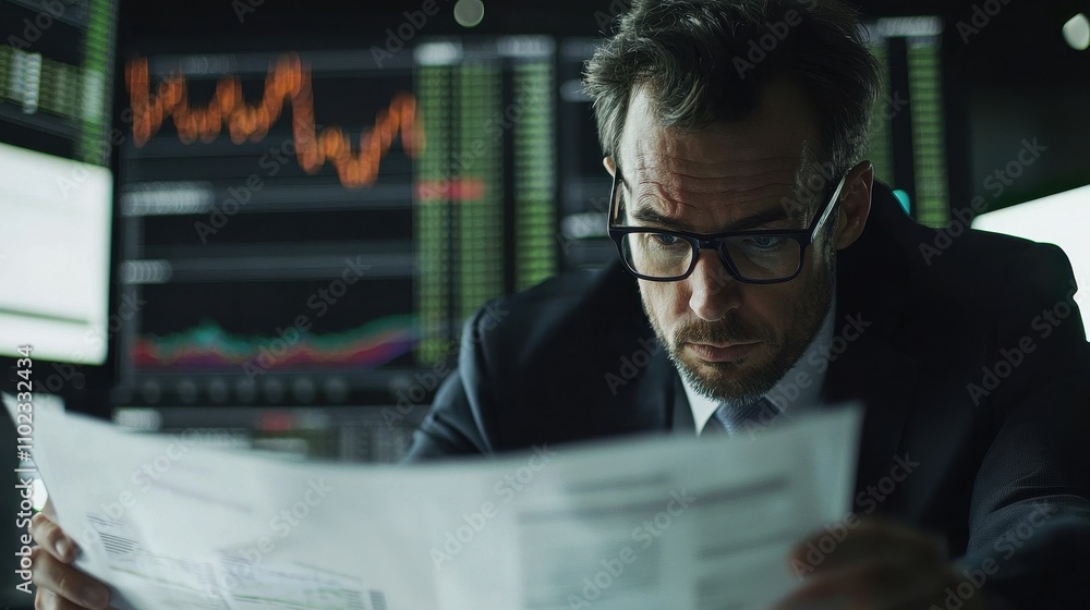 Investor Analyzing Financial Report and Forecasting Economic Trends in a Professional Trading Environment with Stock Market Data Displayed Investor Analyzing Financial Report and Forecasting Economic Trends in a Professional Trading Environment with Stock Market Data Displayed