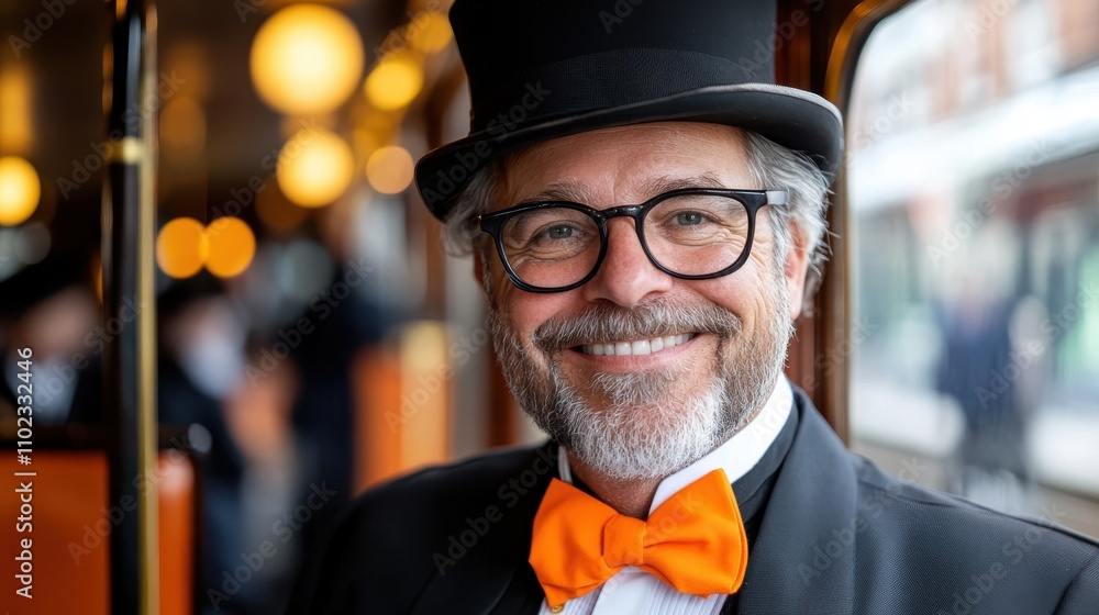 A cheerful man with glasses, wearing a top hat and an orange bow tie, smiles warmly on board a vintage train, illuminated by soft golden lights around him. A cheerful man with glasses, wearing a top hat and an orange bow tie, smiles warmly on board a vintage train, illuminated by soft golden lights around him.