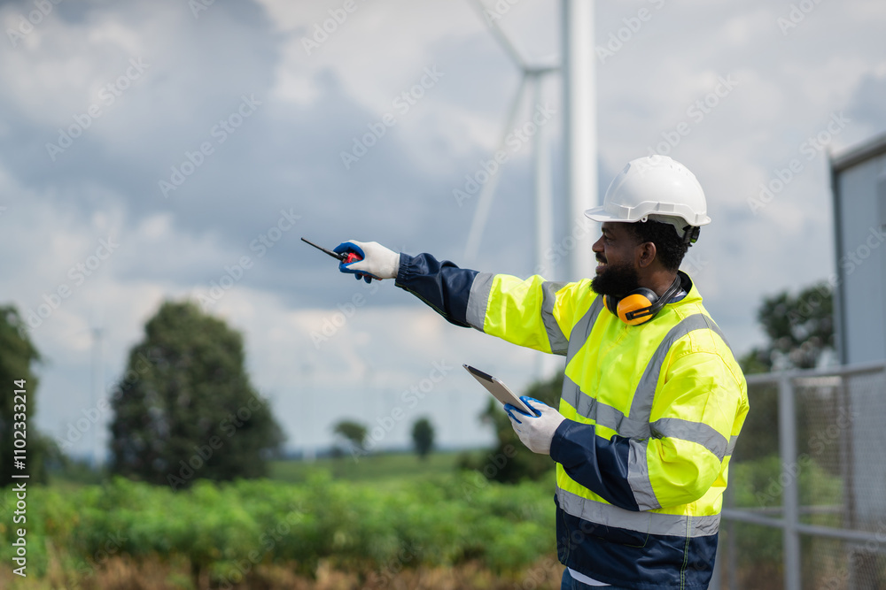 Service engineers checking system of windmill. Wind turbines generate electricity. Clean and Renewable energy concept. Service engineers checking system of windmill. Wind turbines generate electricity. Clean and Renewable energy concept.