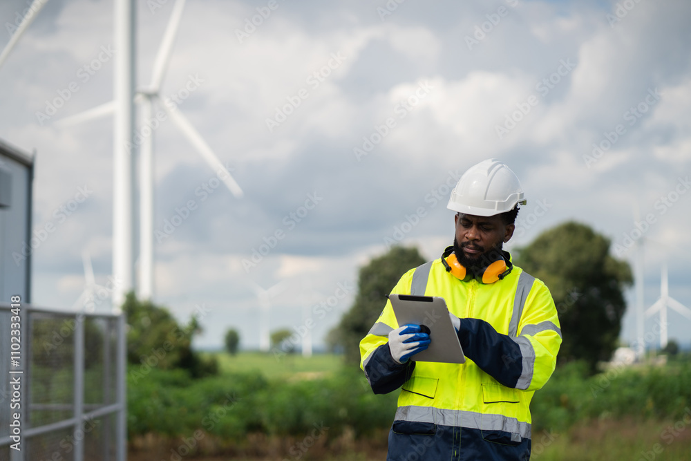 Service engineers checking system of windmill. Wind turbines generate electricity. Clean and Renewable energy concept.