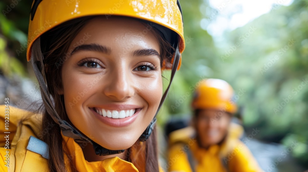 Joyful woman wearing a helmet and outdoor gear, ready for canyoning in a lush forest, expressing excitement and adventure in nature's embrace. Joyful woman wearing a helmet and outdoor gear, ready for canyoning in a lush forest, expressing excitement and adventure in nature's embrace.