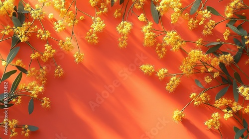 patterned wallpaper of golden wattle flowers and australian flag symbols scattered across bright background to celebrate photo