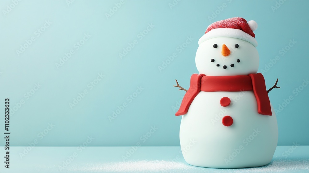 A whimsical Christmas cake shaped like a snowman, with fondant buttons and a red scarf, isolated on a light blue background A whimsical Christmas cake shaped like a snowman, with fondant buttons and a red scarf, isolated on a light blue background