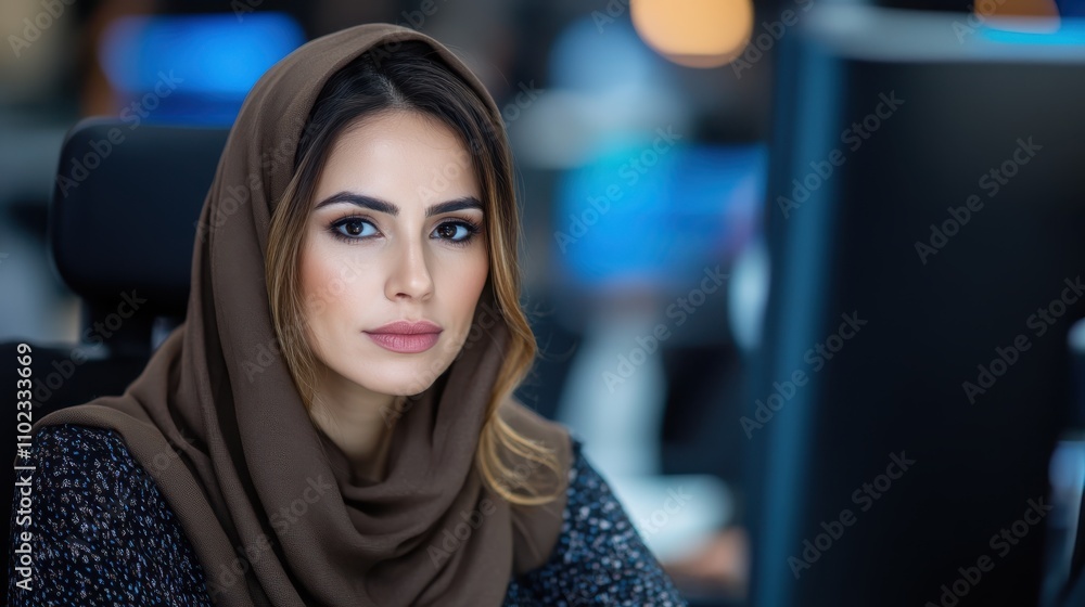 A determined woman in a dark hijab intently engaged with her computer, representing focus and commitment in a bustling office space full of productivity. A determined woman in a dark hijab intently engaged with her computer, representing focus and commitment in a bustling office space full of productivity.