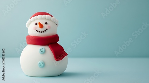 A whimsical Christmas cake shaped like a snowman, with fondant buttons and a red scarf, isolated on a light blue background