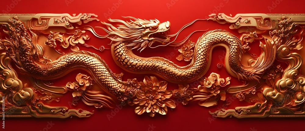 An ornate golden dragon relief against a vibrant red backdrop, symbolizing power and good fortune in Chinese culture. An ornate golden dragon relief against a vibrant red backdrop, symbolizing power and good fortune in Chinese culture.