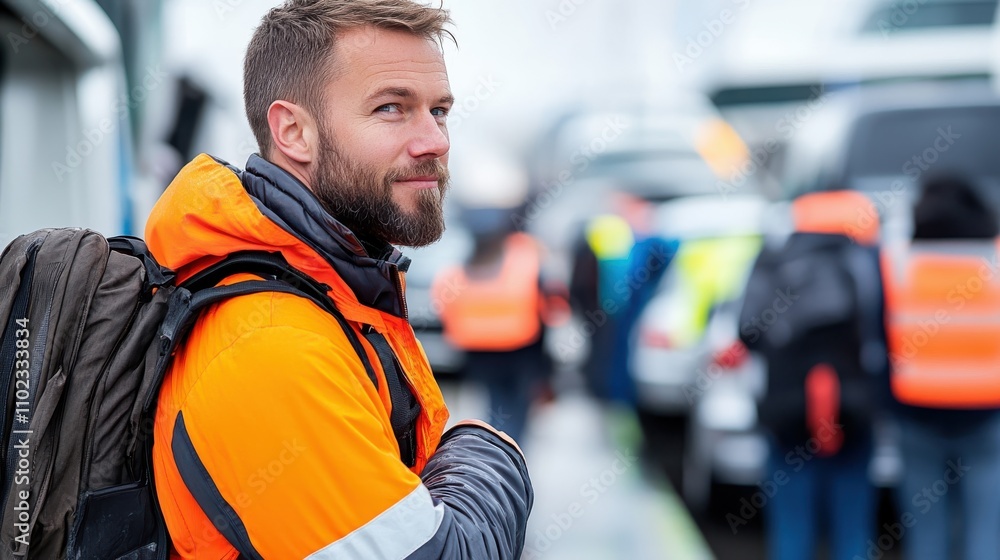 A bearded man dressed in a bright orange jacket carries a backpack, standing thoughtfully among a row of vehicles on a busy street, showcasing modern urban life. A bearded man dressed in a bright orange jacket carries a backpack, standing thoughtfully among a row of vehicles on a busy street, showcasing modern urban life.