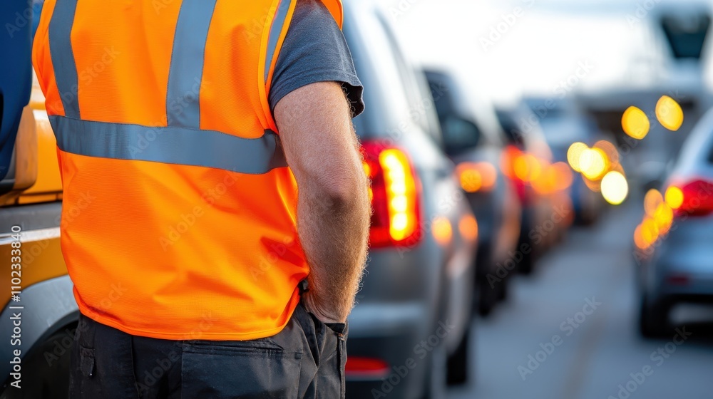 A man wearing a bright orange safety vest stands alertly overseeing a lineup of stationary vehicles along a road, ensuring traffic safety and organization. A man wearing a bright orange safety vest stands alertly overseeing a lineup of stationary vehicles along a road, ensuring traffic safety and organization.