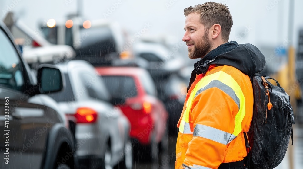 A man dressed in rain-resistant clothes, including a bright orange and reflective striped jacket, observes a traffic queue with calm vigilance on a rainy day. A man dressed in rain-resistant clothes, including a bright orange and reflective striped jacket, observes a traffic queue with calm vigilance on a rainy day.
