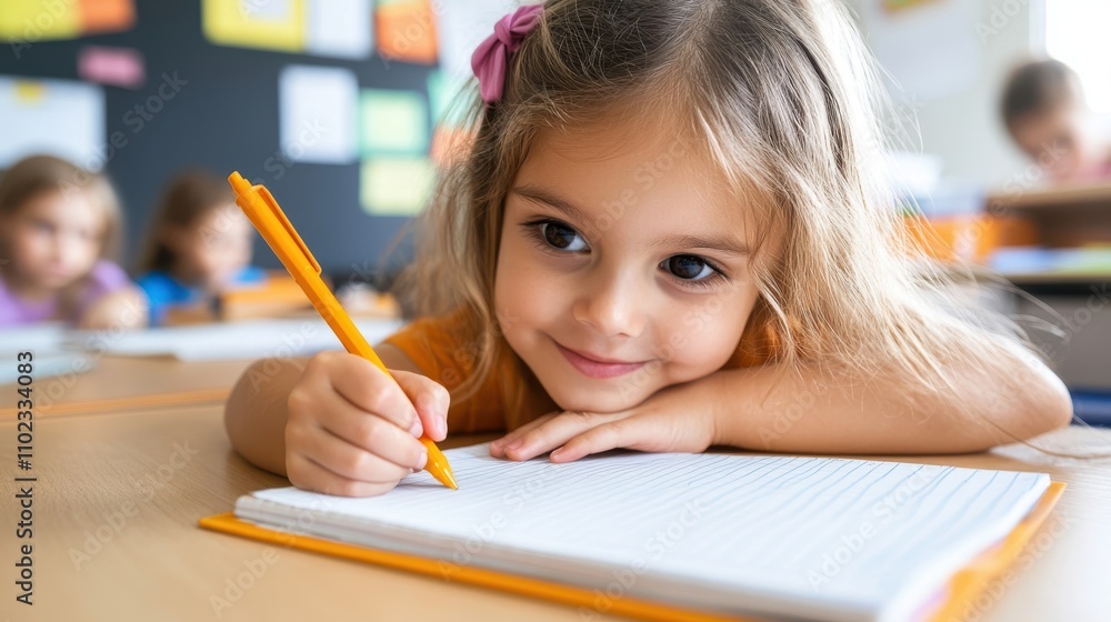 A cheerful young girl writes in her notebook, smiling as she participates in a classroom activity, exemplifying joy and the nurturing atmosphere of learning. A cheerful young girl writes in her notebook, smiling as she participates in a classroom activity, exemplifying joy and the nurturing atmosphere of learning.