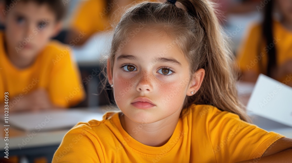 A girl in a yellow shirt sits attentively in a classroom, representing focus and curiosity. Surrounded by peers, she embodies the essence of education and learning. A girl in a yellow shirt sits attentively in a classroom, representing focus and curiosity. Surrounded by peers, she embodies the essence of education and learning.