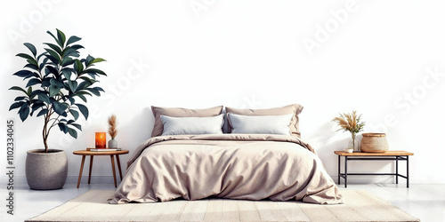Watercolor Illustration of Bedroom Interior Design with Space for Text