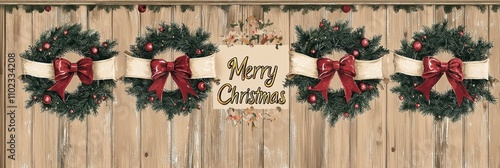 Warm rustic Christmas design featuring taupe wood panels, forest green wreaths, ruby red bows, and cream ornaments, with subtle copper highlights. 