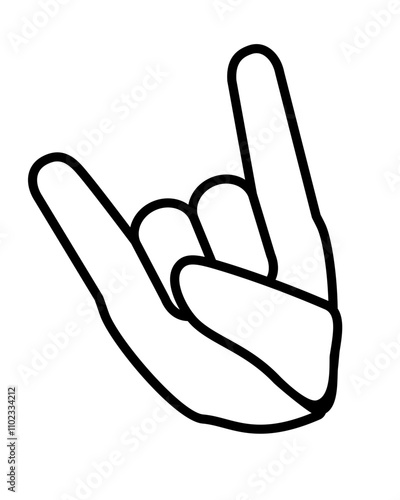 Hand folded in devil horns rock gesture sign - vector linear illustration for sign or pictogram. A hand with an extended index finger and little finger. Outline. Rock metal gesture.	