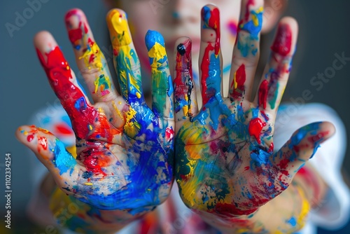 Colorful painted hands, creative child activity, vibrant art expression, close-up of fingers, fun and messy art, playful painting moment, artistic hand gesture, bright colors, kids’ creativity

