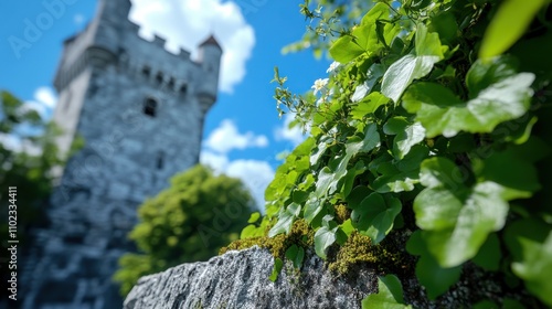 Within this landscape, an ancient stone castle is entwined with lush green foliage under a brilliant blue sky, representing harmony between past and present. photo