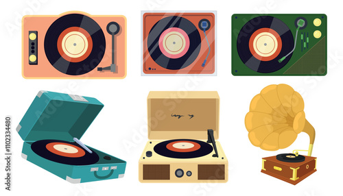 Set of vintage turntables, gramophone, vinyl records in cartoon style.Vector illustration of portable turntables,records isolated on white background.Listening to audio recording.Side view, top,front.