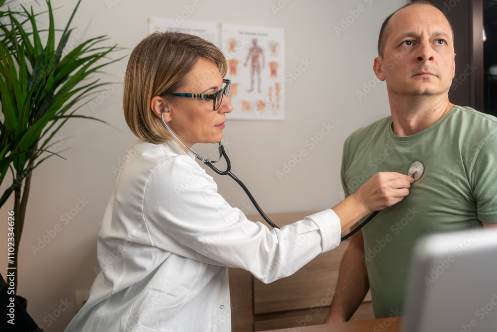 Obraz premium Female middle-aged doctor using stethoscope to examine patient.