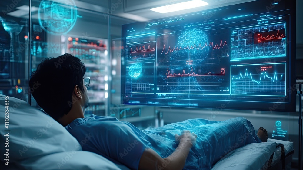 Patient Monitoring Technology in a High-Tech Medical Environment Featuring Advanced Brainwave Analytics and Vital Signs Displayed on Futuristic Screens Patient Monitoring Technology in a High-Tech Medical Environment Featuring Advanced Brainwave Analytics and Vital Signs Displayed on Futuristic Screens