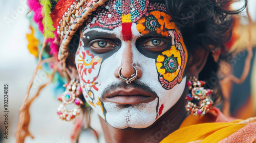 Indian man wearing traditional makeup and jewelry posing during festival