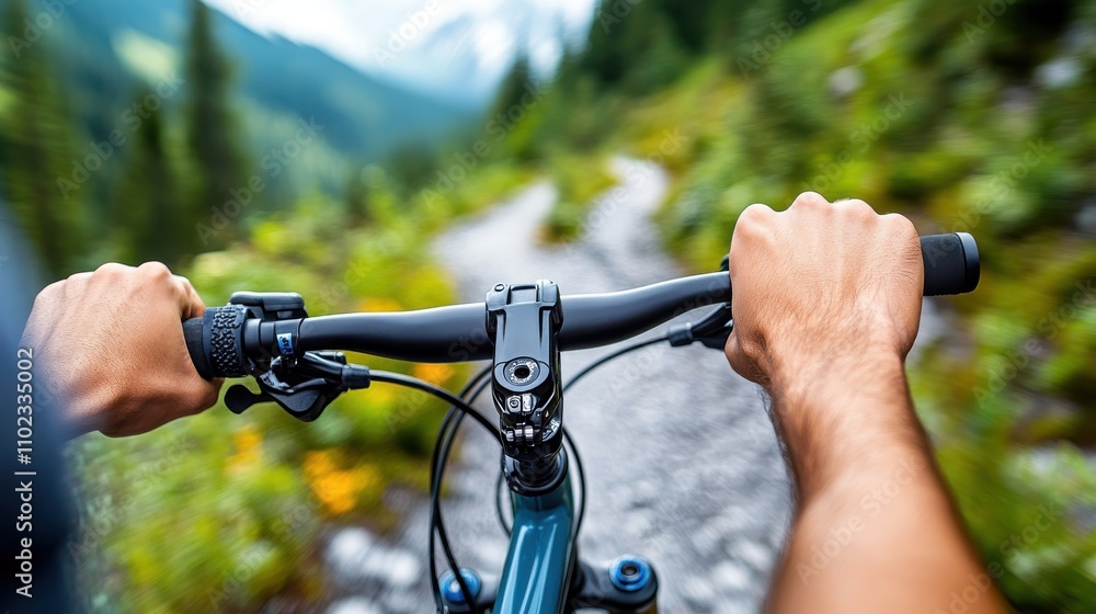Cyclist grips the bars of a mountain bike riding over a rocky terrain, capturing the essence of adventure, focus, and connection with nature on two wheels. Cyclist grips the bars of a mountain bike riding over a rocky terrain, capturing the essence of adventure, focus, and connection with nature on two wheels.