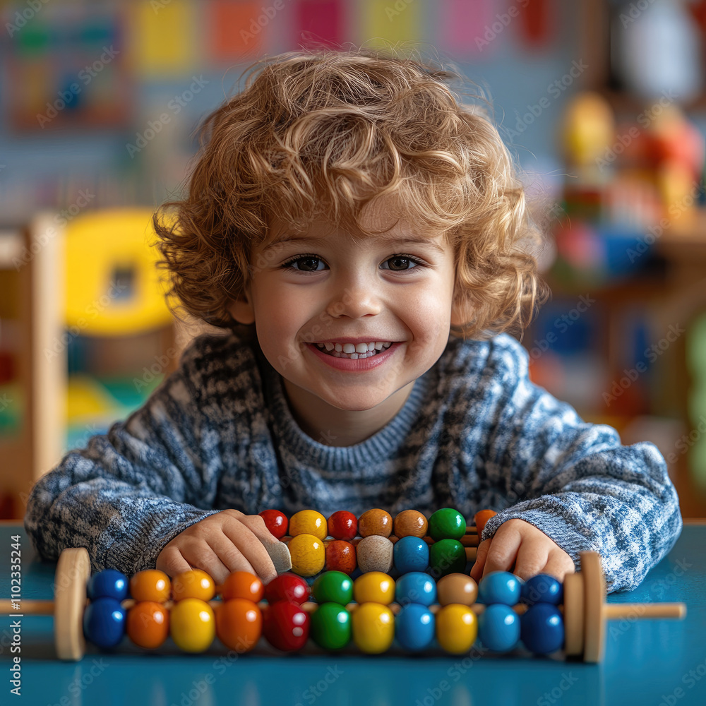 Curious Toddler Playing with Colorful Abacus Curious Toddler Playing with Colorful Abacus