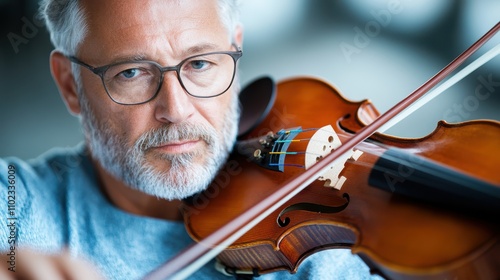 An elderly man with glasses, wearing a gray sweater, plays the violin in a focused and thoughtful manner, conveying emotion through his skilled performance. photo