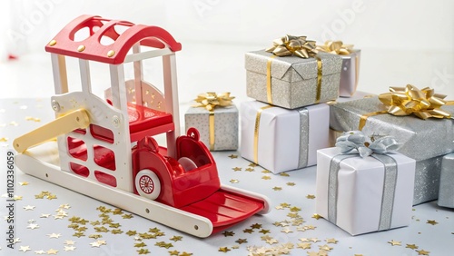 Packed boxes with gifts and a red and white toy in the shape of a car on a white background, New Year. photo