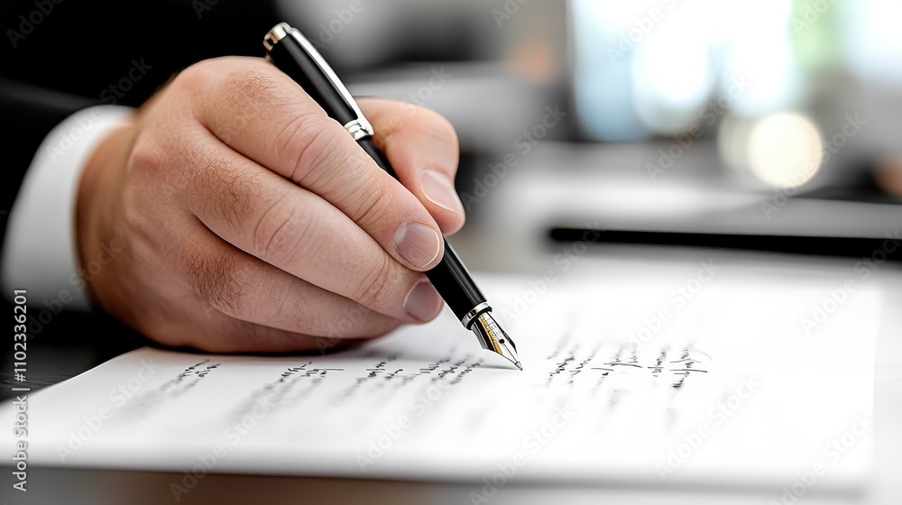 A professional is writing with a luxurious fountain pen on a formal document. The scene captures the elegance and precision of high-quality written communication. A professional is writing with a luxurious fountain pen on a formal document. The scene captures the elegance and precision of high-quality written communication.